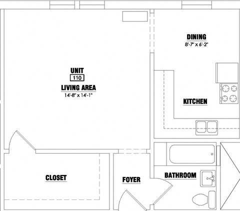 Floor plan for studio, 1 bath, 492 sqft